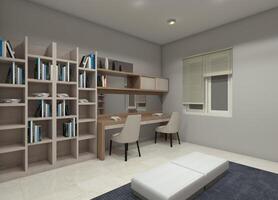3D interior rendering of a minimalist study room with a wooden desk and upper storage cabinets, incorporating mirrored panel details and a bookshelf. photo