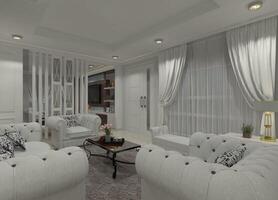 3D rendering of a classic-style living room featuring sofas and a decorative lattice screen dividing it from the family area. photo