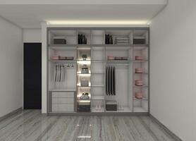 Functional 3D design of an open wardrobe with storage shelves, hanging space, and drawers. photo
