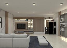 3D rendering of a luxurious and modern living room interior, complete with a TV cabinet and panel, a dedicated refrigerator and beverage space, display units for accessories, and sofas photo