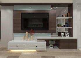 Sleek modern 3D TV cabinet design with customizable back panels, display shelves, and drawer storage. photo