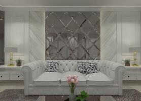 3D rendering of a classic-style sofa with decorative mirror panels as a backdrop for living room settings. photo