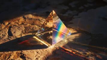 A pyramid shaped object with a rainbow colored light shining through it photo