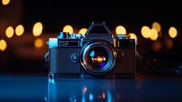 A camera is on a table in front of a lit background photo