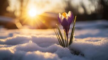 A single purple flower is standing in the snow photo
