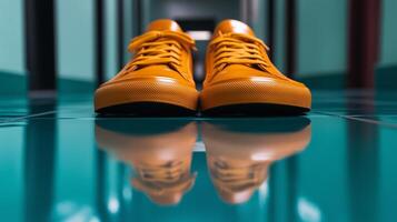 Orange sneakers on a floor with a reflection photo