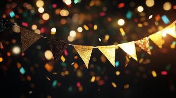 Golden pennants on a black background with confetti photo