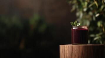 Freshly squeezed beetroot juice on a wooden stand photo