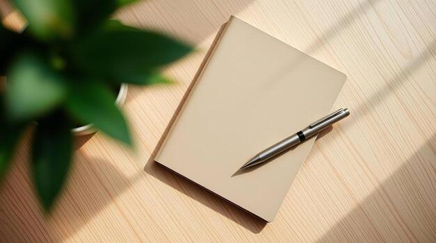 A notebook and pen on a wooden table with a potted plant photo
