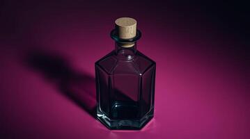 A glass bottle with a cork on top of a purple background photo