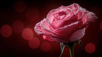 Pink rose, dew drops, dark background, bokeh lights, romantic photo