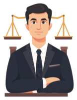 A judge in formal attire with scales of justice. png