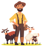 A cheerful farmer stands with his goats in a rural setting. png