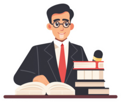 A professional man in a suit, reading a book, and holding a microphone, representing knowledge and authority. png