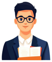 A smiling man in a suit holding a book, representing a knowledgeable and approachable educator. png