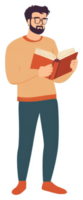 A man in a sweater and pants, engrossed in reading an open book. png