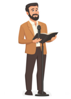 A man in a tan suit giving a speech with a book and microphone. png