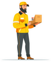A delivery person in a yellow uniform holding a package for delivery. png