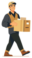 A delivery person carrying a package walks towards the viewer. png