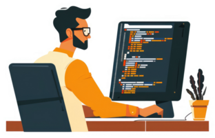 A programmer diligently working on code on a computer. png