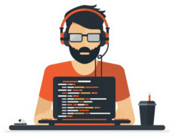 A focused programmer working on a laptop, engrossed in code. png