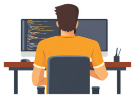 A programmer working diligently at a computer. png