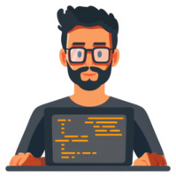 A programmer with a beard and glasses working on a laptop. png