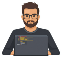 A man with a beard and glasses working on a laptop displaying code. png