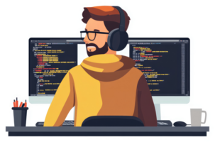 A focused programmer working diligently on a coding project. png