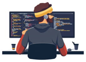 A programmer intently focusing on lines of code on multiple computer screens. png