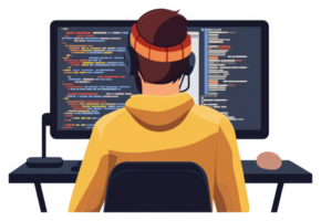 A programmer engrossed in coding on a computer screen. png