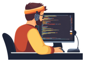 A focused programmer engrossed in coding on a computer. png