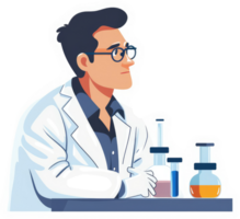 A pensive scientist in a lab coat surrounded by beakers and test tubes. png