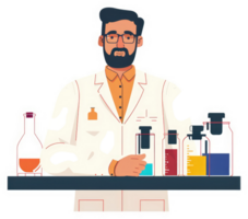 A scientist in a laboratory setting, conducting experiments with various liquids in beakers and flasks. png
