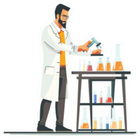 A scientist conducts an experiment with various beakers and glassware in a laboratory setting. png