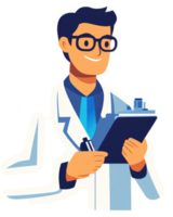 A smiling doctor in a white coat holding a clipboard with notes. png