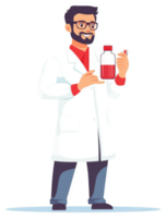 A scientist displaying a red liquid sample in a container. png