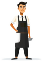 A smiling man in a chef's uniform holding a pan. png
