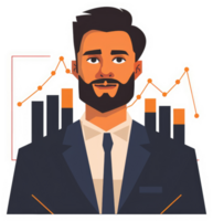A businessman with a beard and upward trending graphs, representing success and growth. png