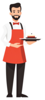 A smiling waiter in a red apron holds a tray with a dessert. png