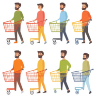 Six men with shopping carts, walking in a row. png