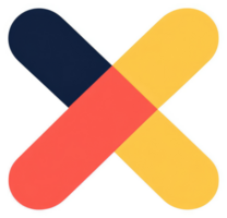 A colorful abstract design with intersecting, curved shapes in red, yellow, and navy blue. png