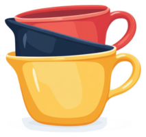 A stack of colorful cartoon mugs in vibrant red, dark blue, and yellow. png