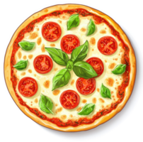 A delicious pizza topped with fresh tomatoes and basil. png