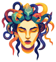 A colorful illustration of Medusa, a mythical creature with snakes for hair. png
