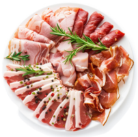 Assorted cured and fresh meats arranged on a platter. png