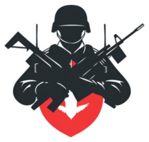 A soldier with weapons, a dove of peace, and a heart symbolizing a complex message of protection and conflict. png