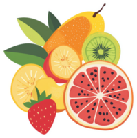 A vibrant display of sliced fruits, including mango, kiwi, grapefruit, orange, and strawberry. png