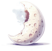 A whimsical depiction of a crescent moon with textured craters. png