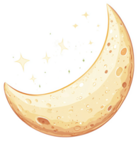 A crescent moon, adorned with sparkling stars, against a white background. png
